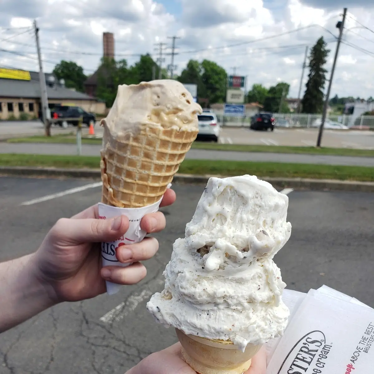 Salted Caramel Waffle Cone Left and Chocolate Chip Cookie Dough Cake Cone Right