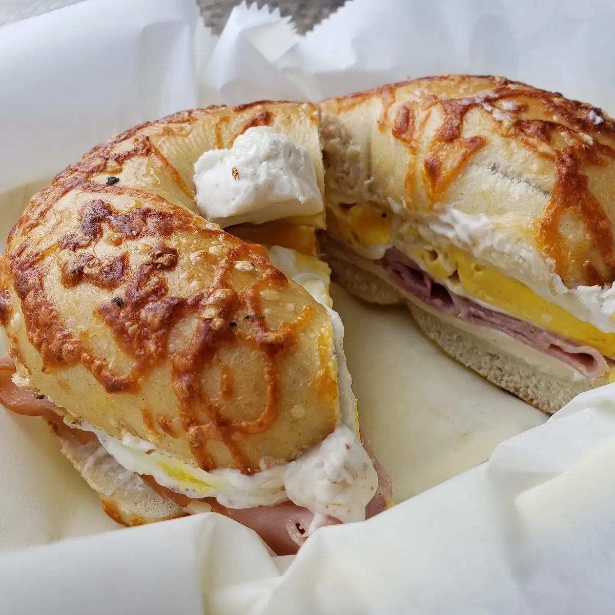 Ham Egg and Cheese Cheddar Cheese Bagel