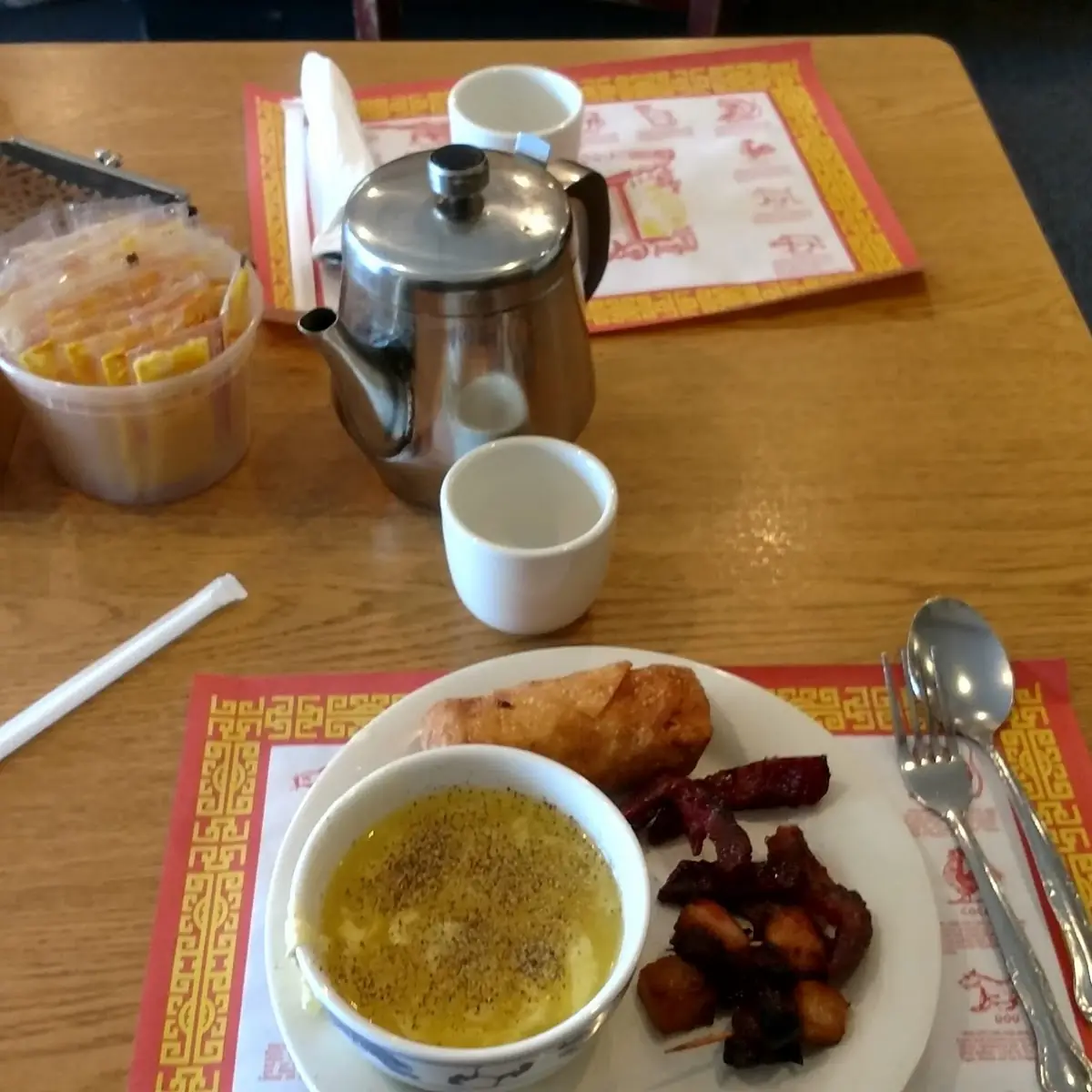 Egg Drop Soup and Egg Roll with Pork Strips
