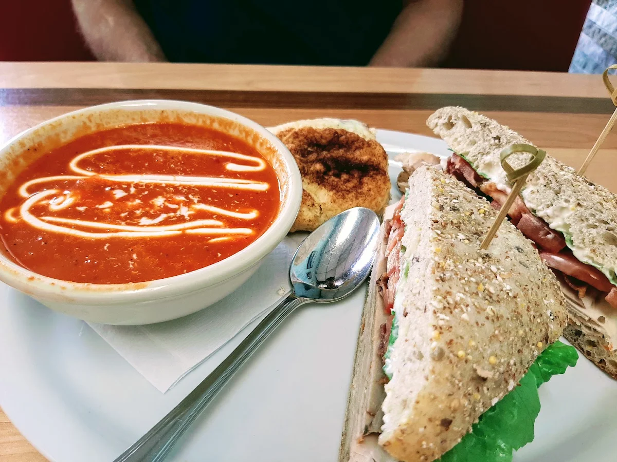 Roasted Red Pepper Soup with Turkey Club