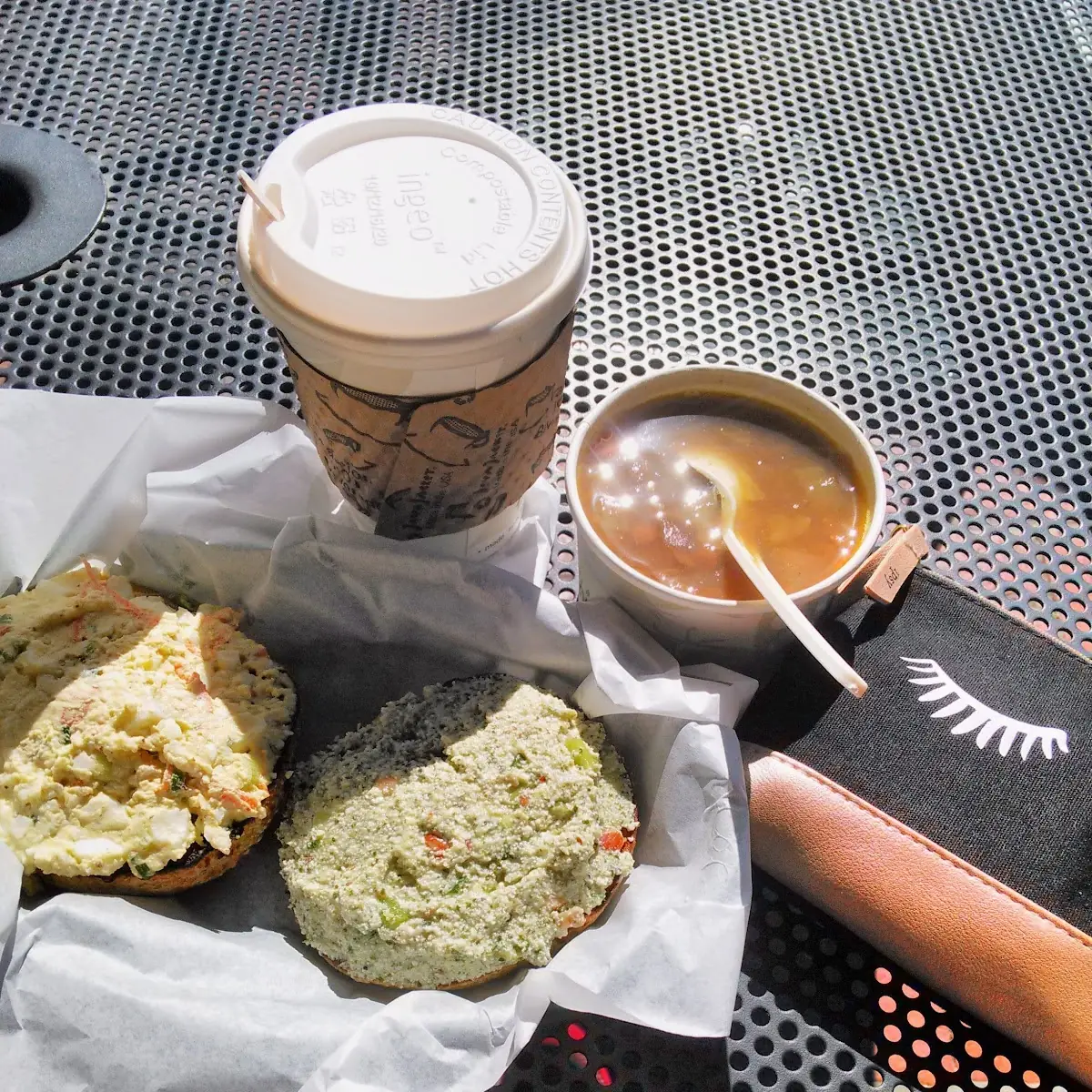 Tomato Basil Bagel with Half Egg Salad and Half Luna