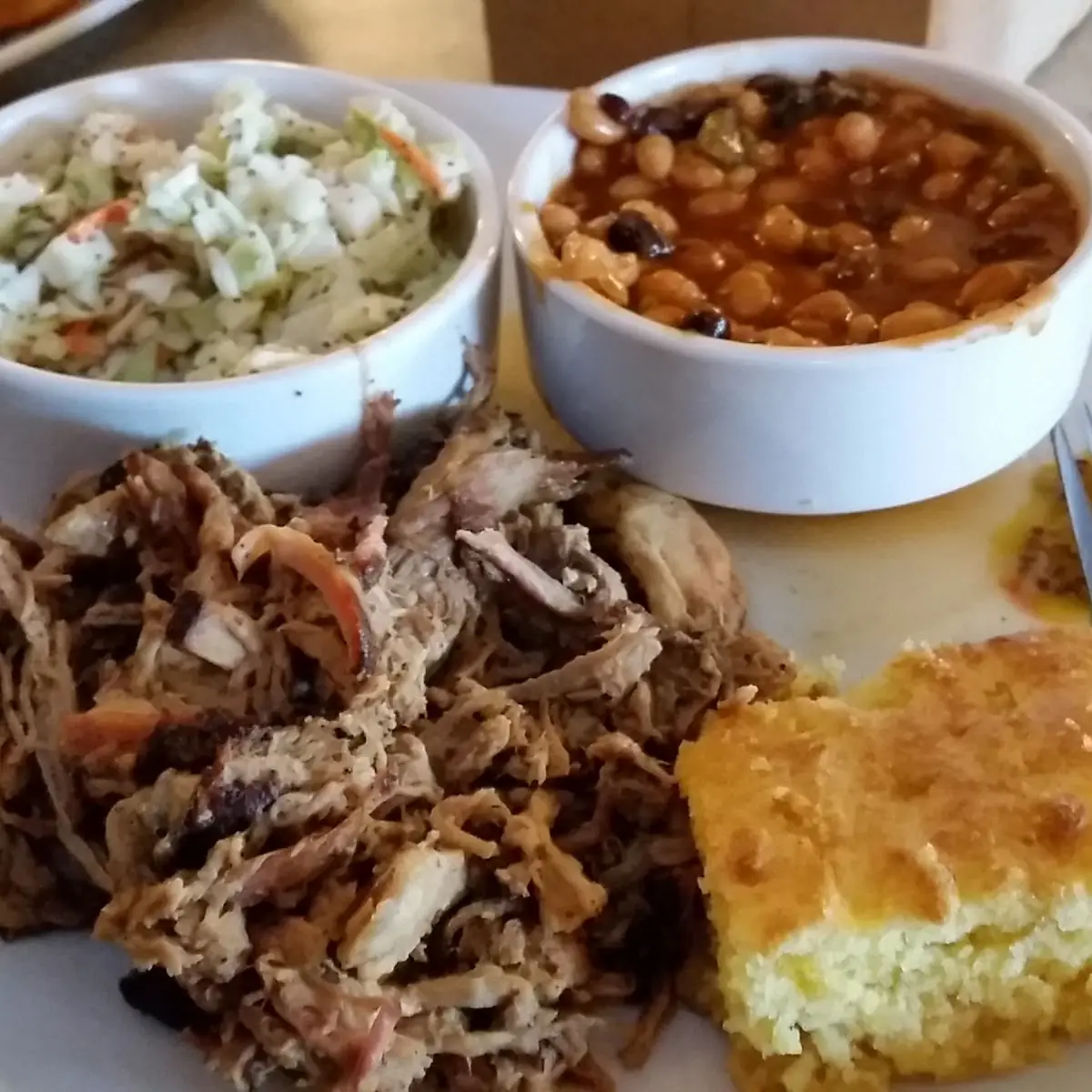 Pulled Pork Coleslaw BBQ Beans and Cornbread