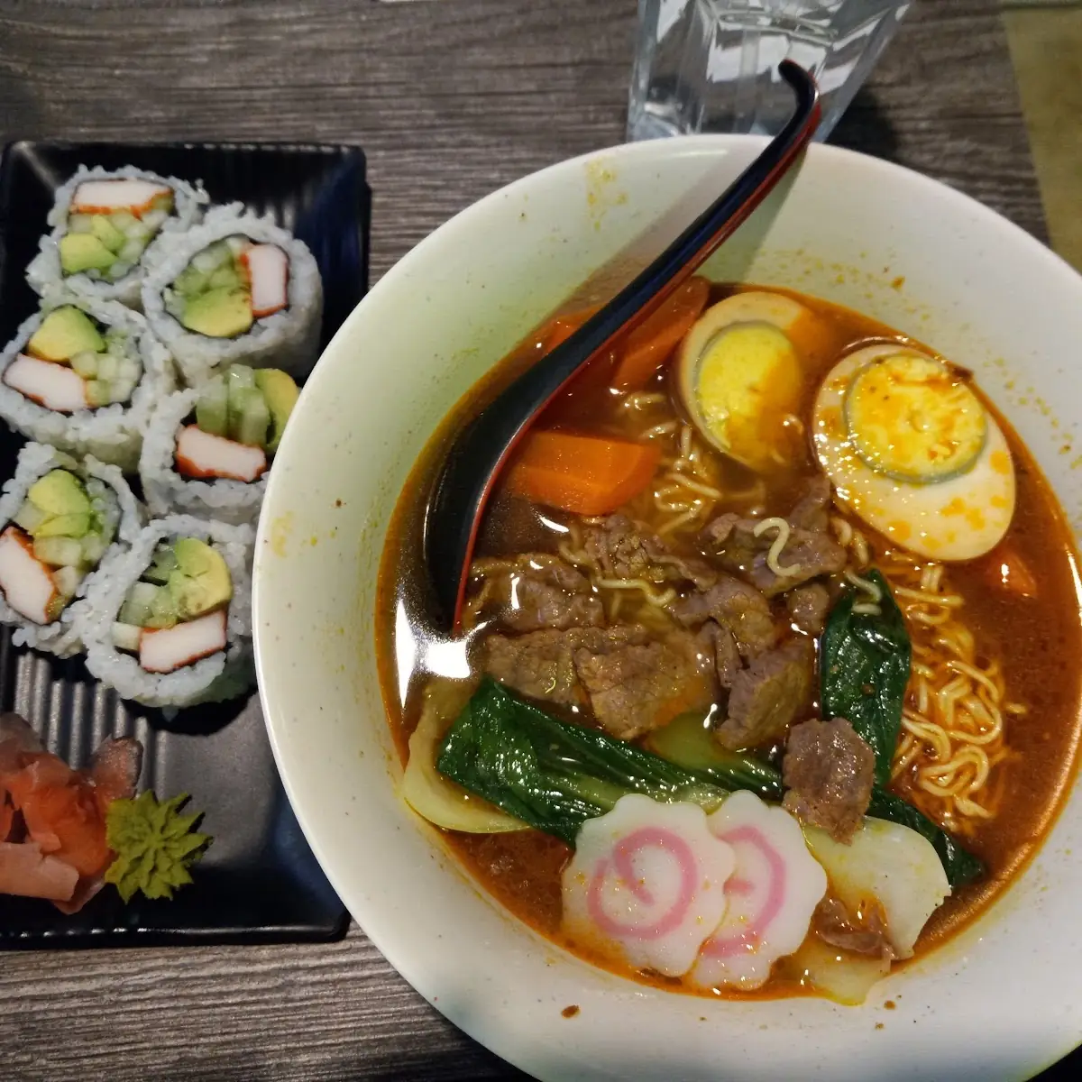 Beef Ramen with a California Roll