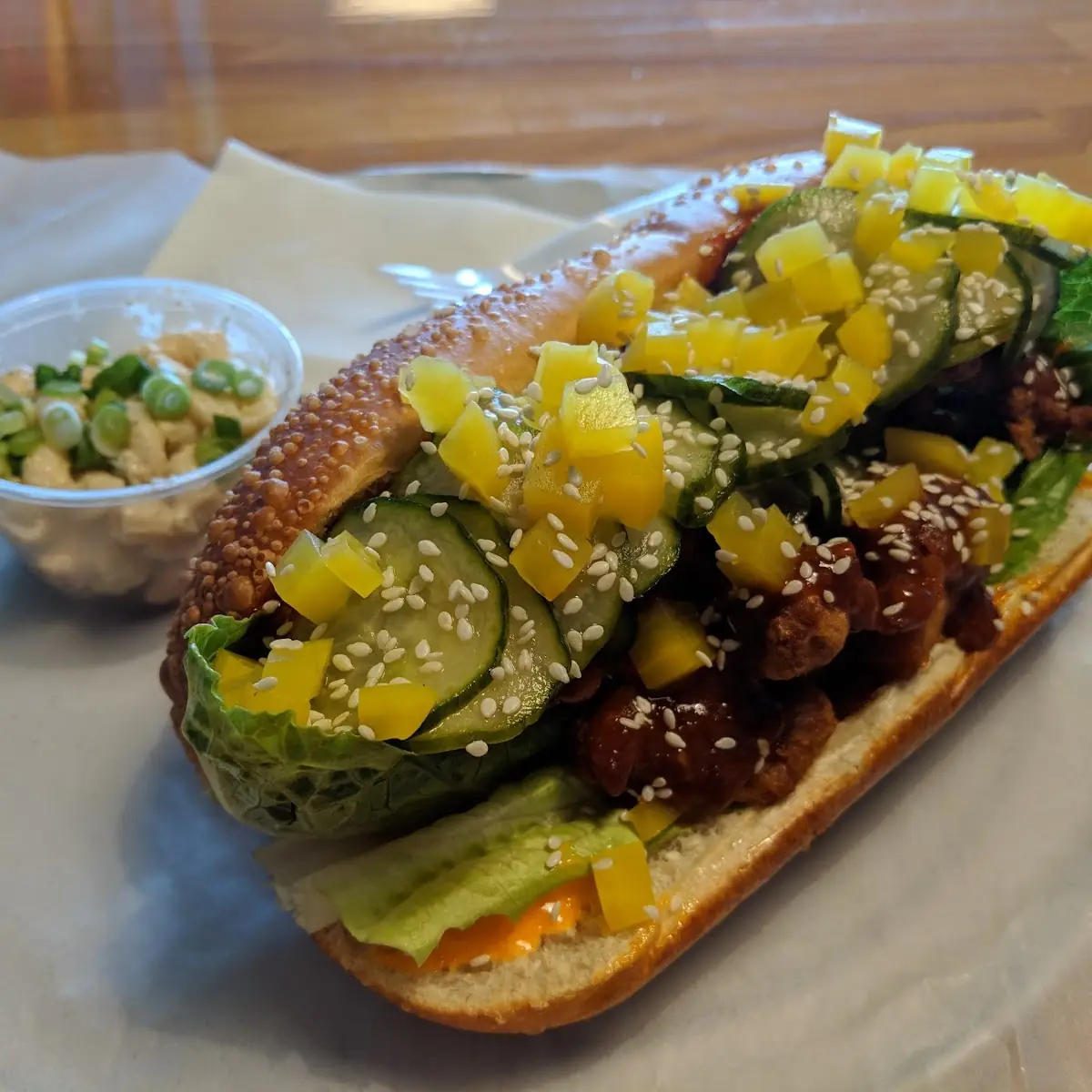 Hot Chicken Sandwich and Side Pasta Salad