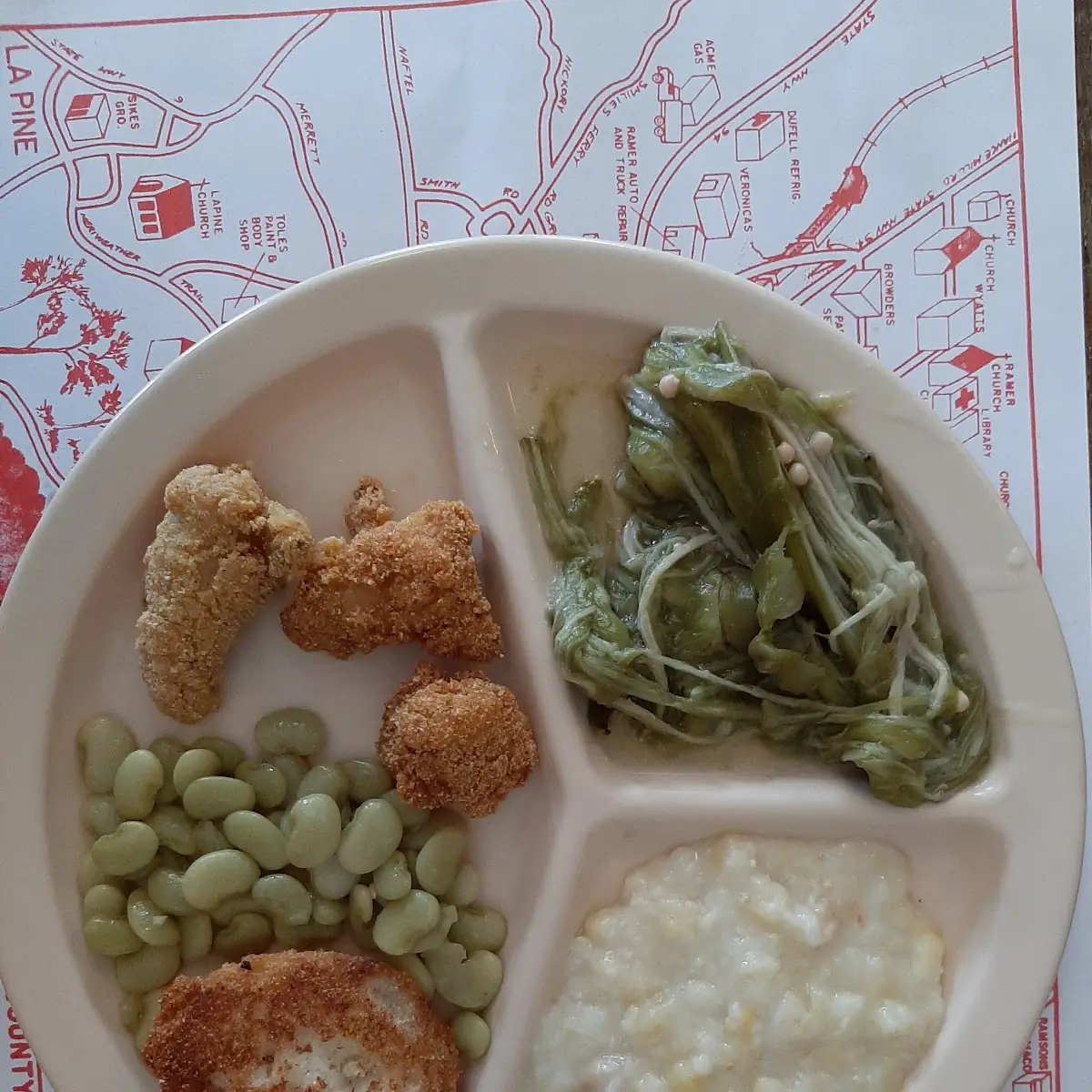 Fried Cornbread Cream Corn Boiled Okra Green Limas Fish