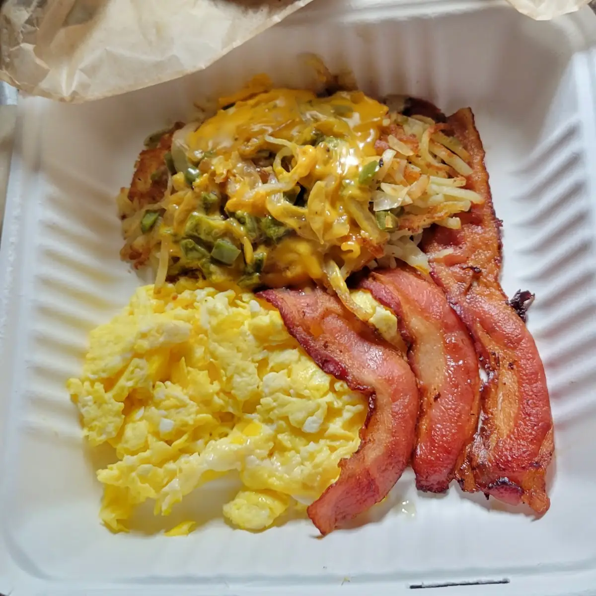 Scrambled Eggs Loaded Hash Browns Bacon