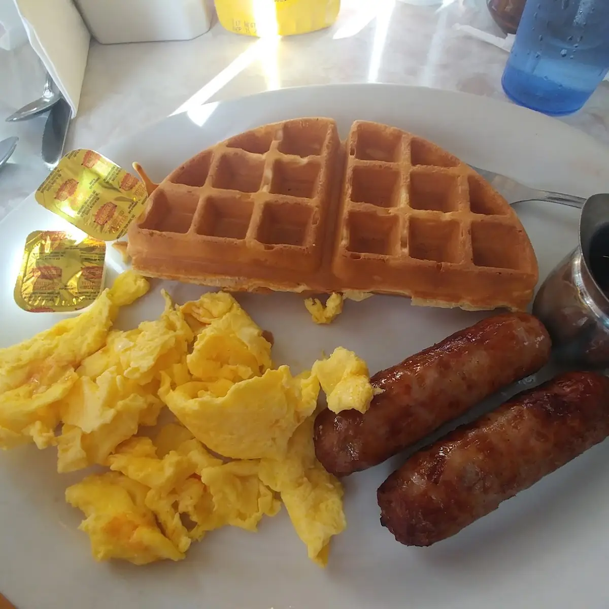 Half Belgian Waffle 1 Egg and Bacon or Sausage