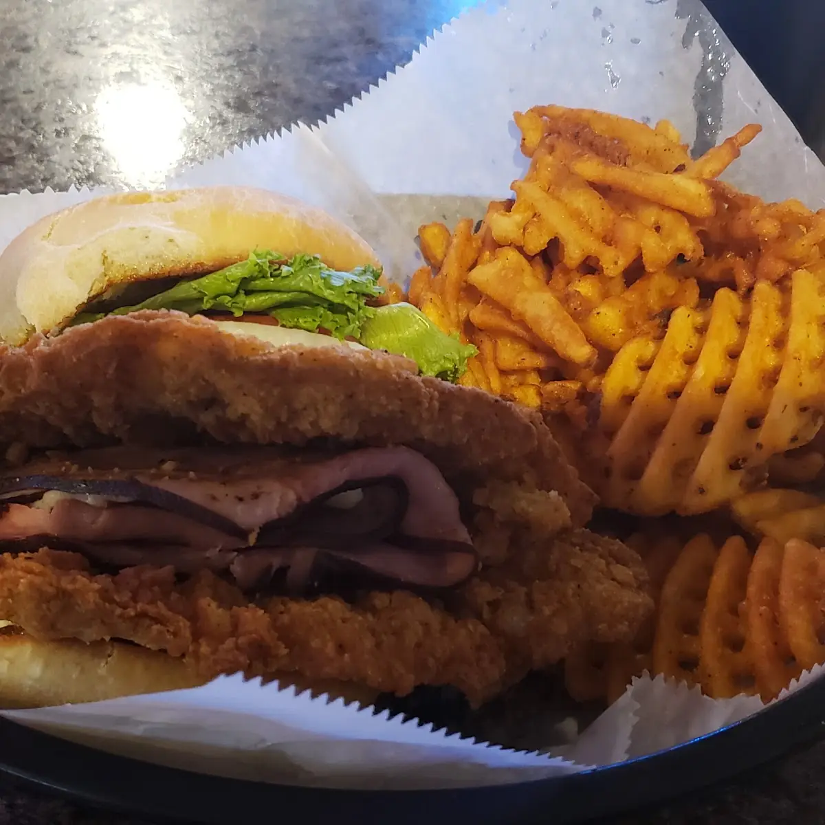 Pork Logger with Waffle Fries
