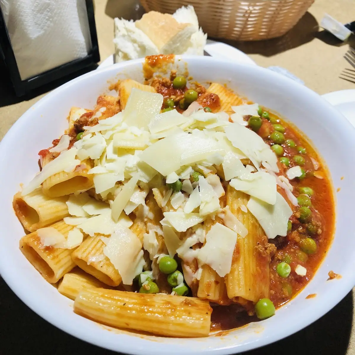 Baked Ziti with Peas and Shaved Parm
