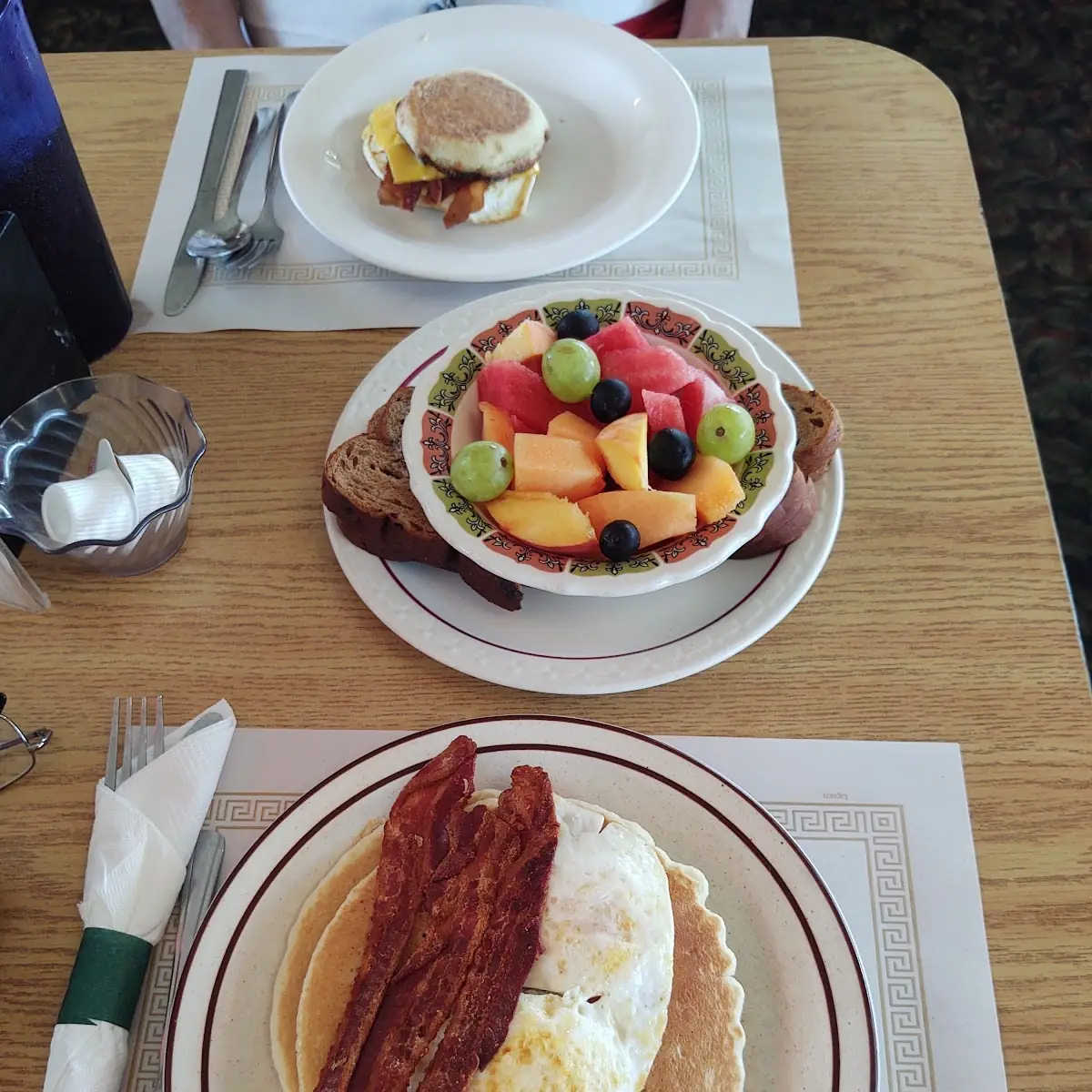 Two Eggs Pancake and Bacon with Fruit Bowl