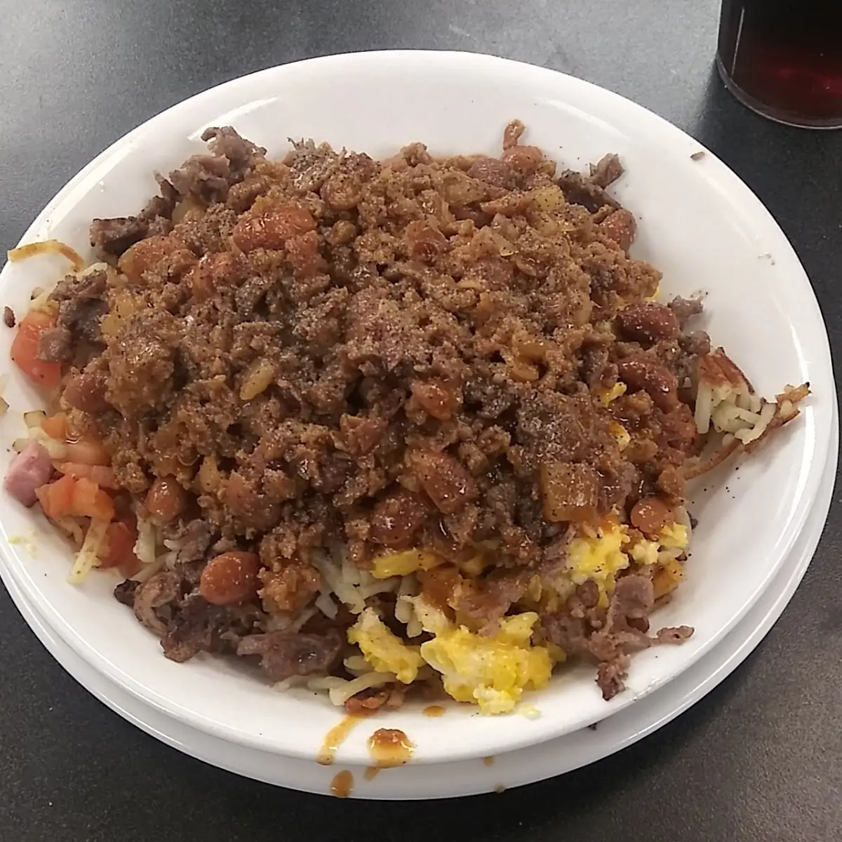 Double Hashbrowns Chopped Diced Chunked Two Scrambled Cheesy Eggs Topped Heavily