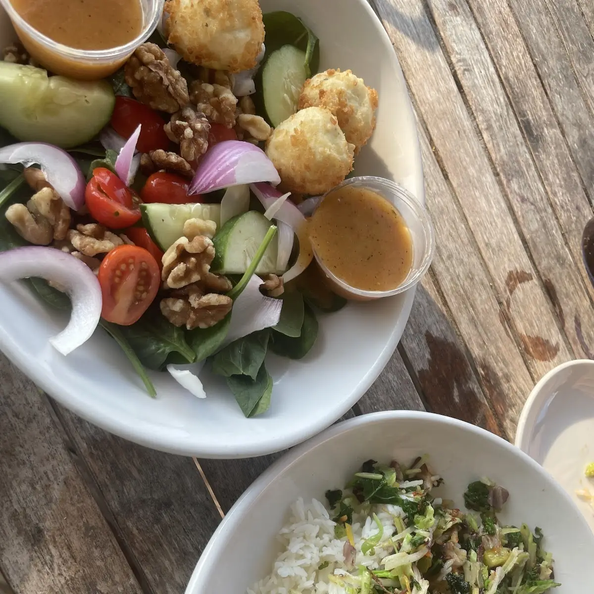 Goat Cheese Spinach Salad and Polynesian Rice Bowl