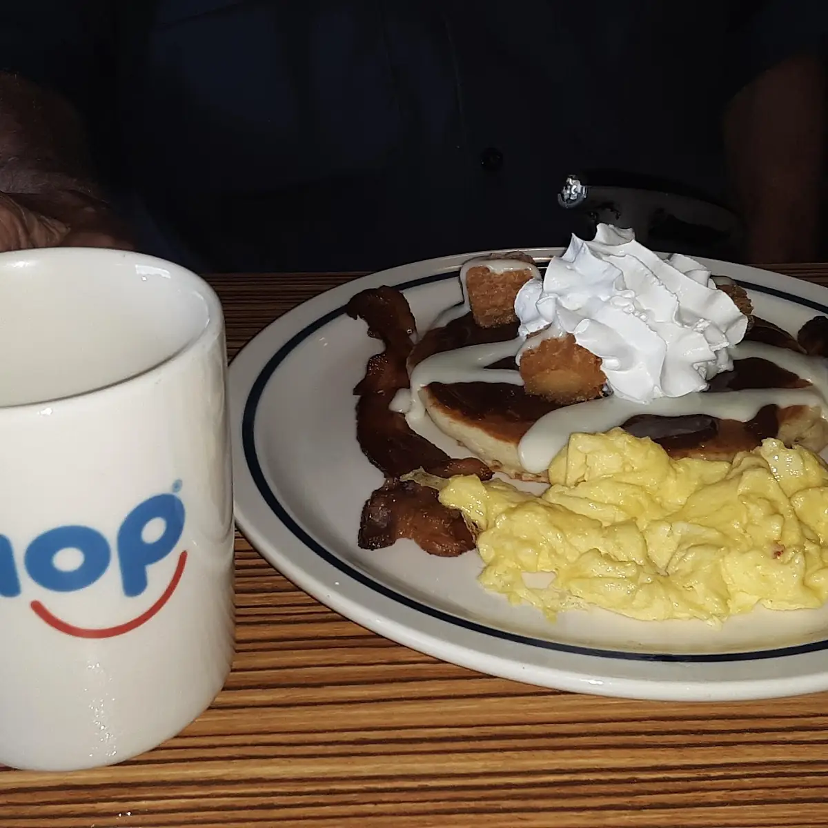 Scrambled Eggs Bacon and Waffles
