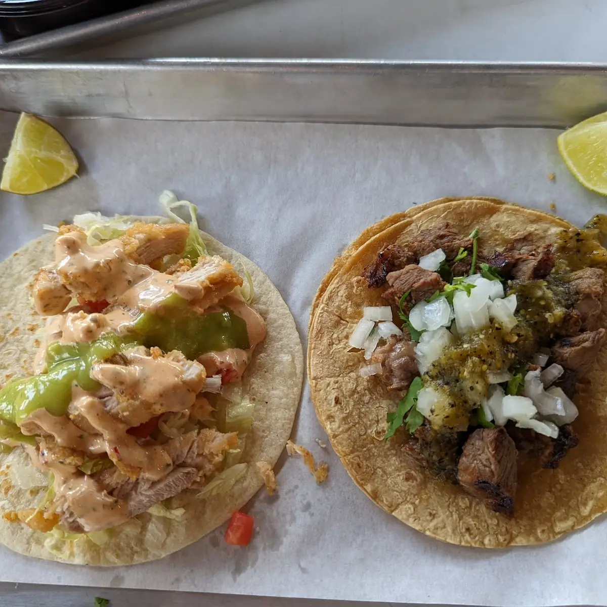 Fried Chicken Taco and Steak Taco