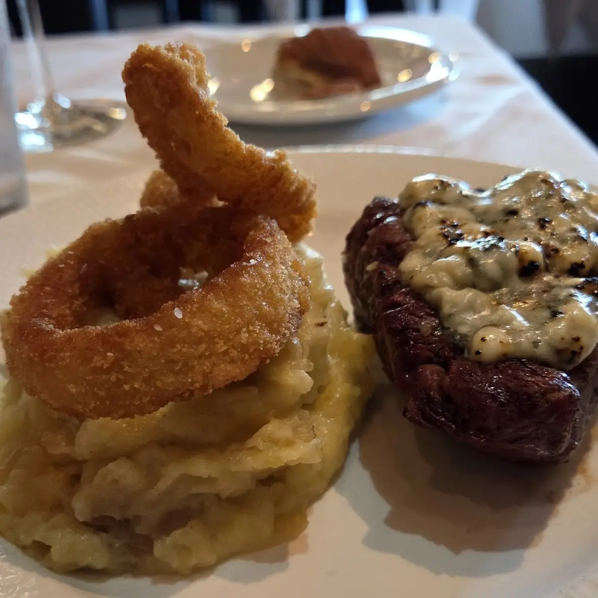 Filet Mignon with Mashed Potatoes and Onion Rings