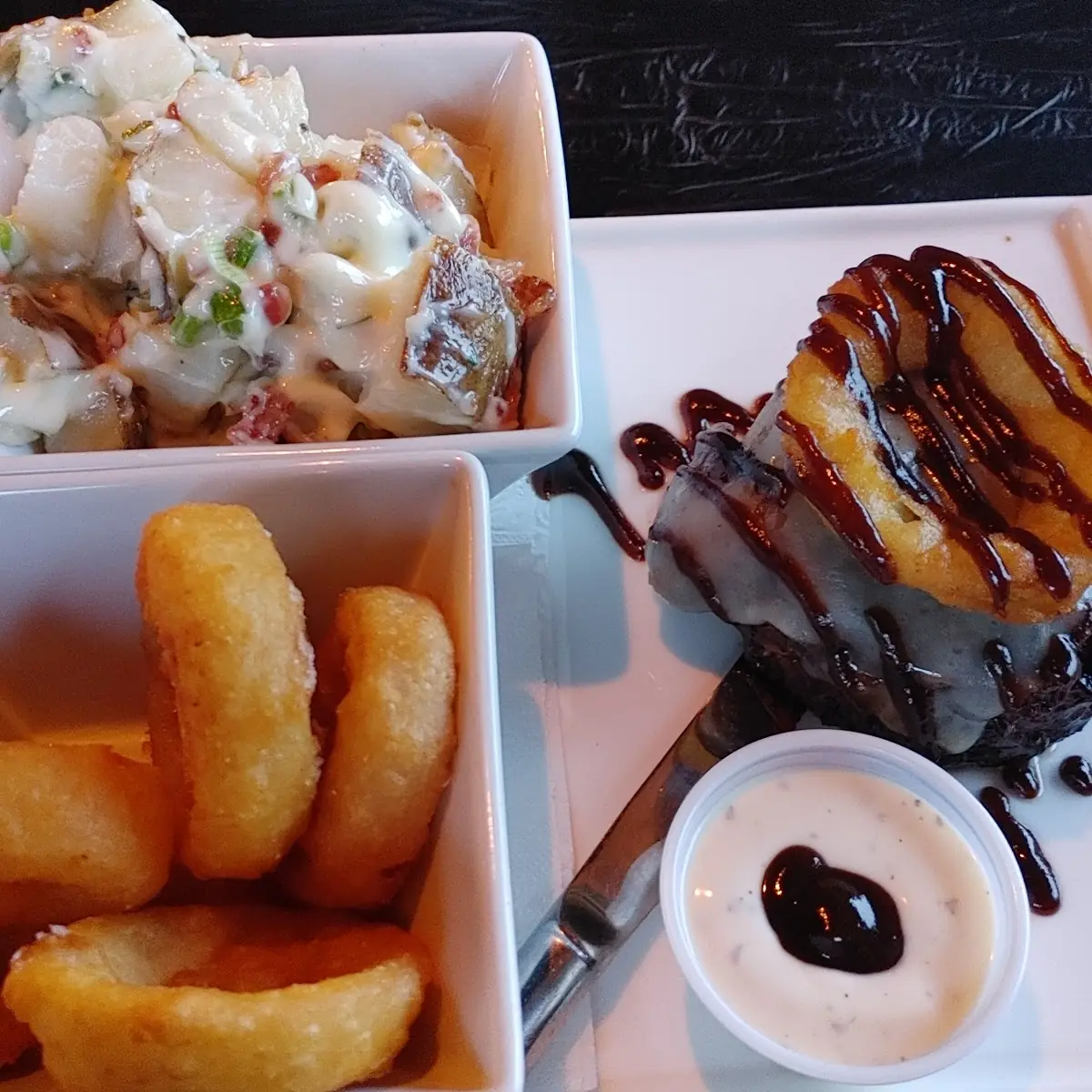 Meatloaf Onion Rings and Warm Potato Salad