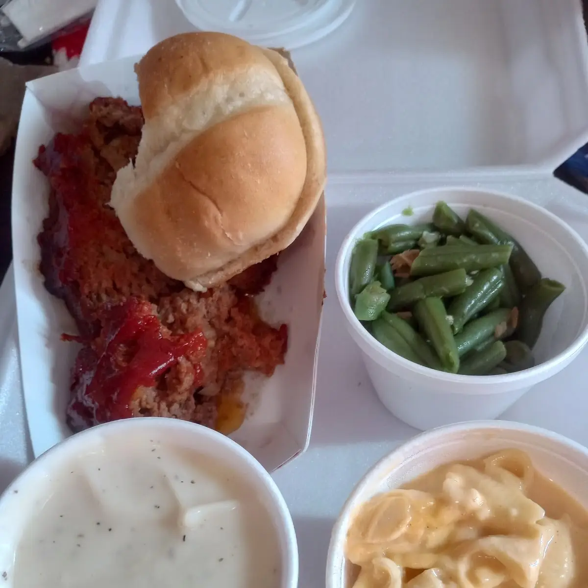 Meatloaf Green Beans Mac and Cheese Gravy and Mashed Potatoes
