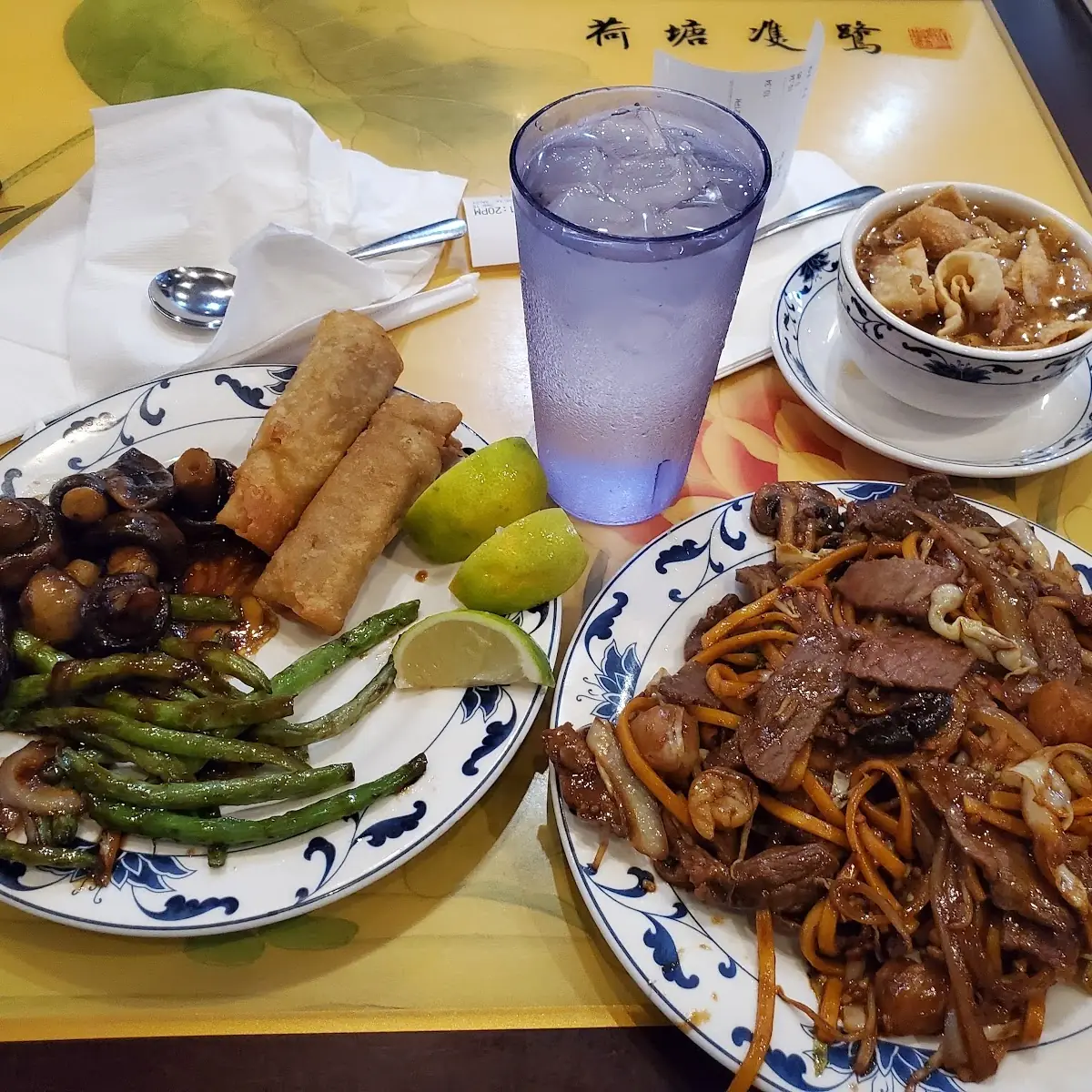 Mongolian Beef Lo Mein and Egg Rolls