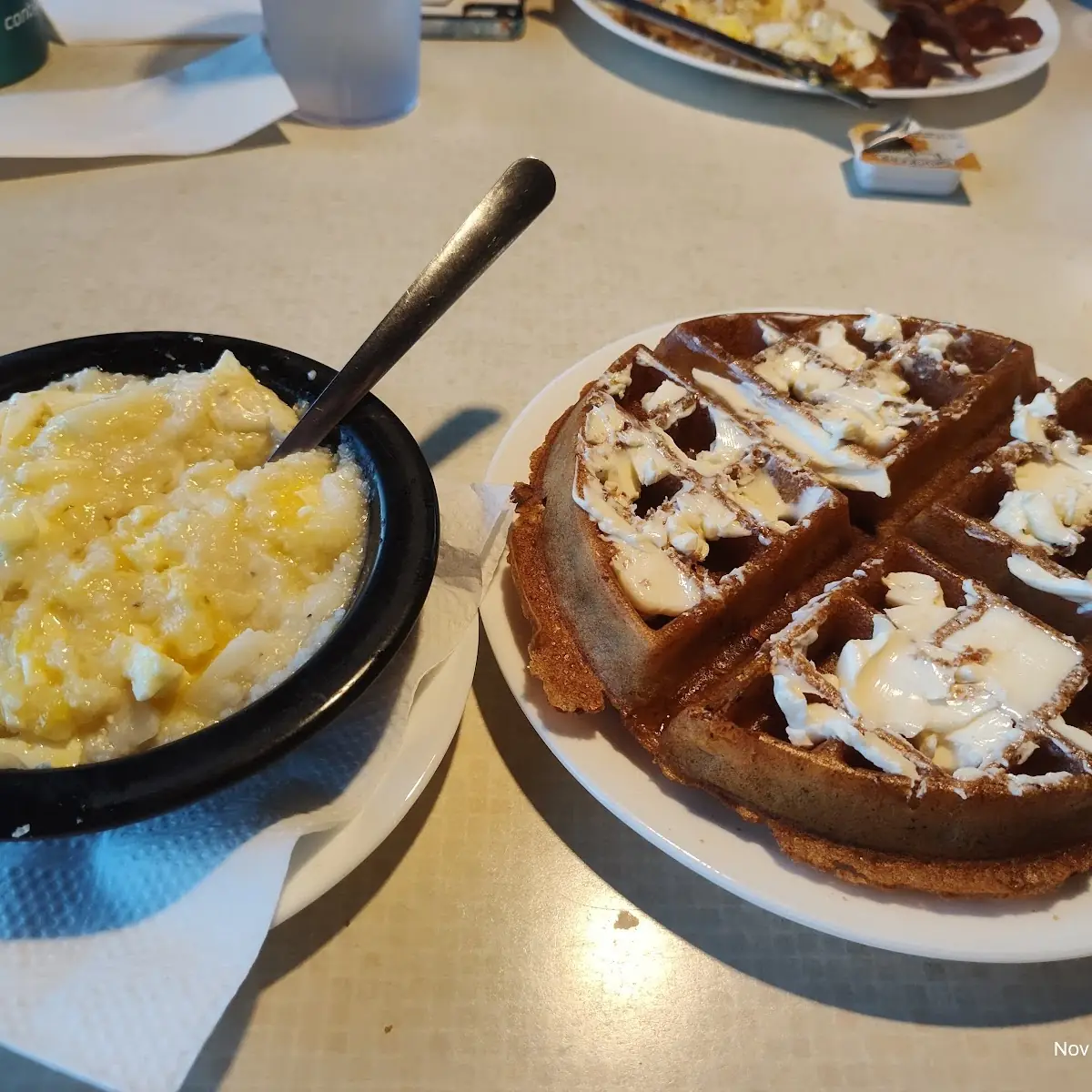Pecan Waffle Cheese Grits and Bacon