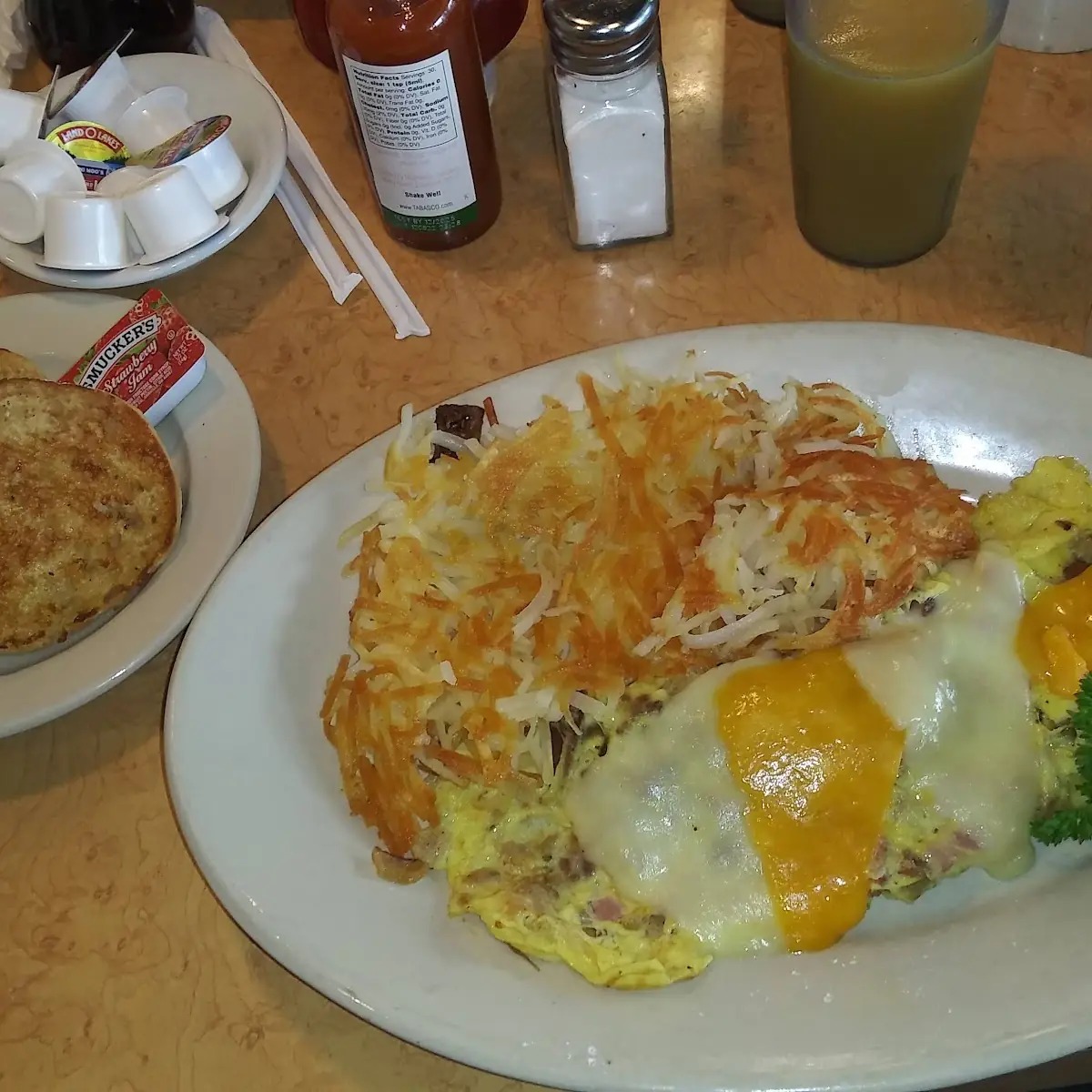 Meat Lovers Omlet and Hashbrowns