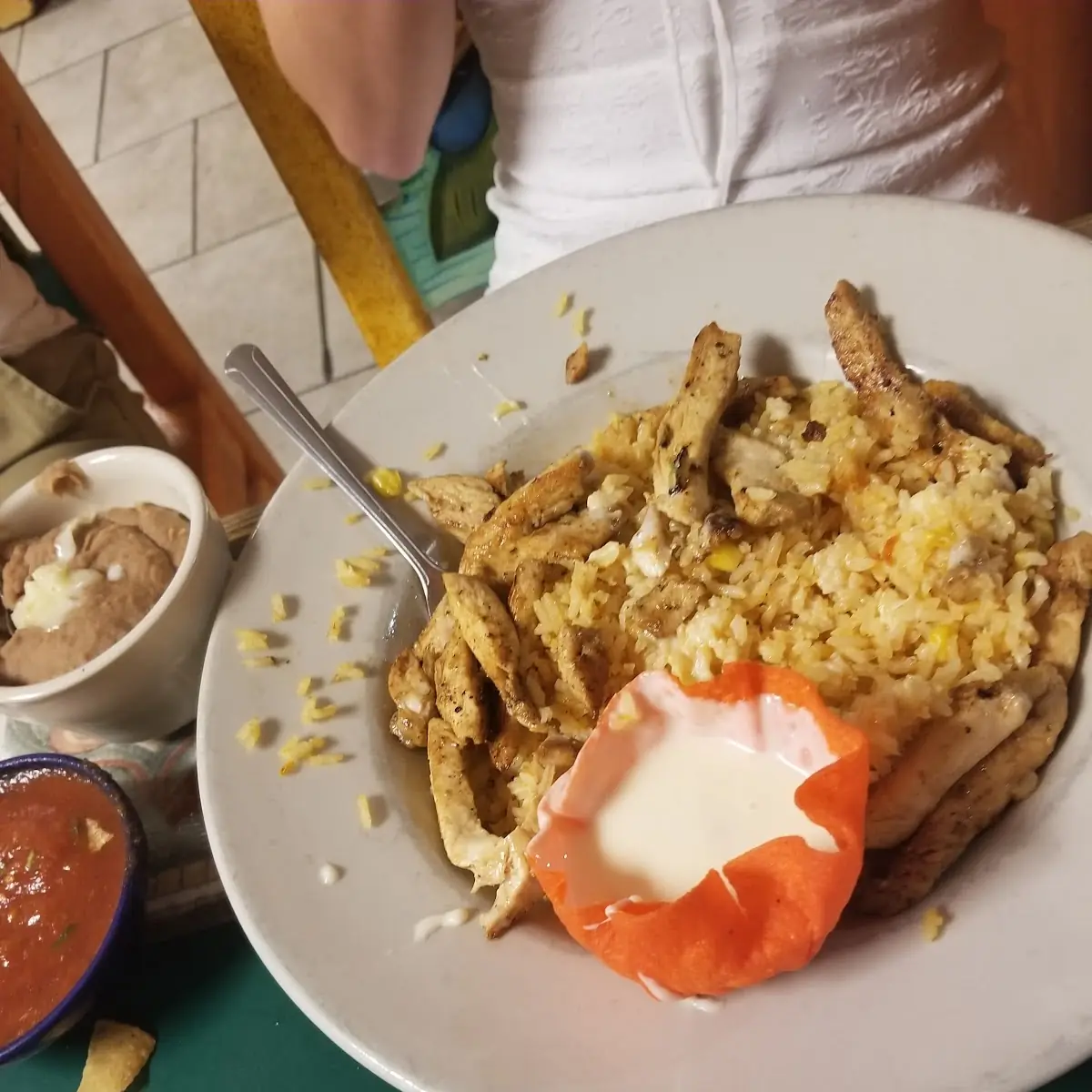Chicken Rice Bowl Refried Beans on Side