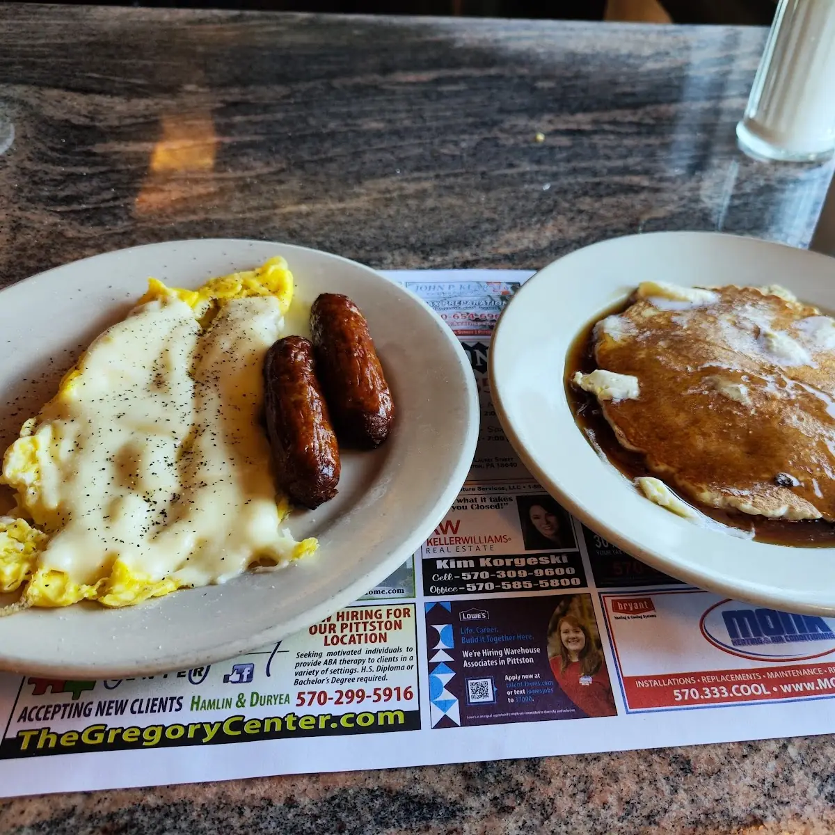 Scrabbled Eggs & Cheese Sausage and Pancakes
