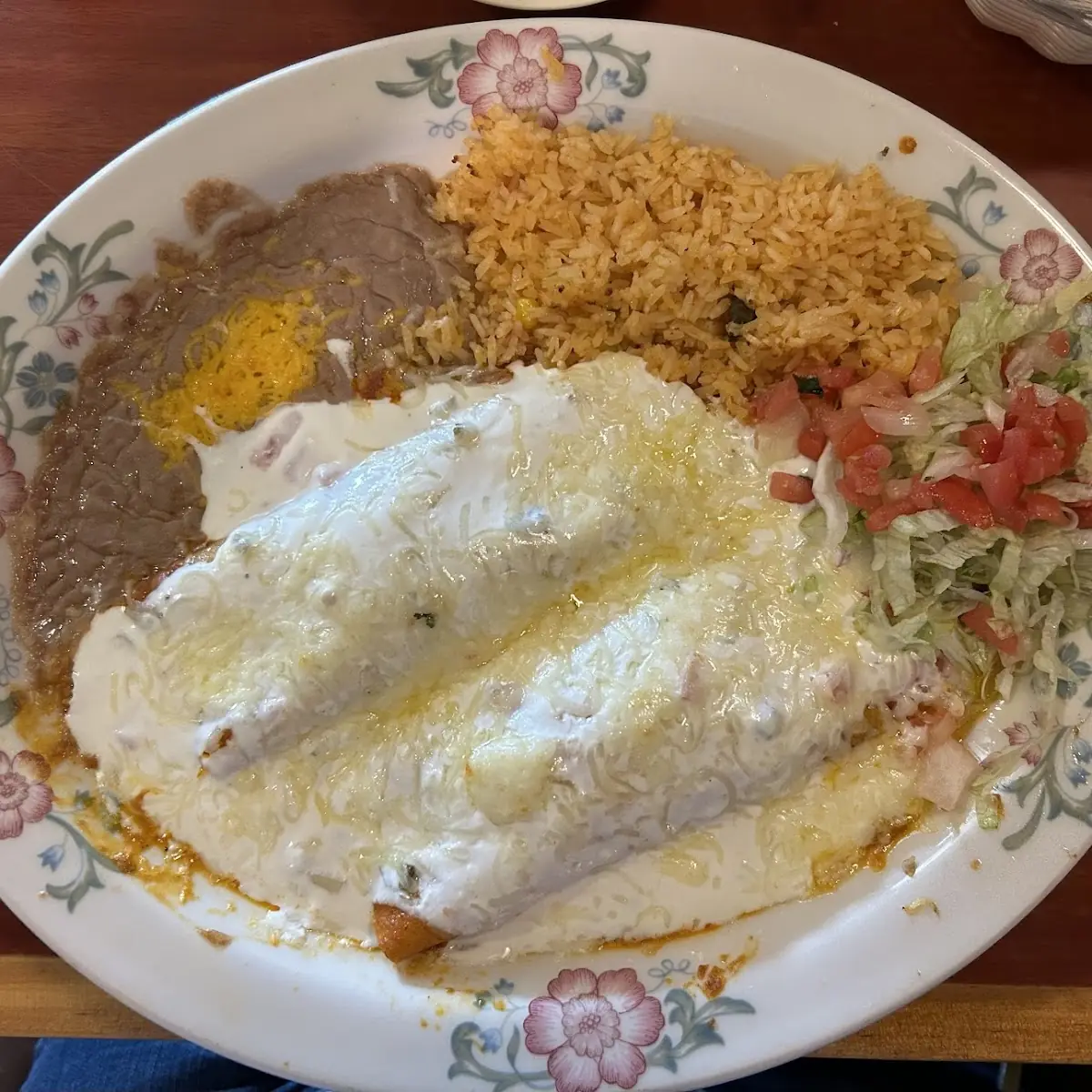 Green and Cheese Enchiladas with Refried Beans