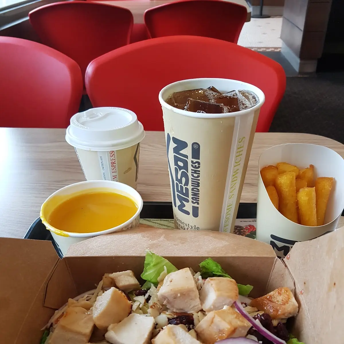 Fresh Chicken Salad Corn Sticks Pumpkin Soup Ice Tea & Coffee