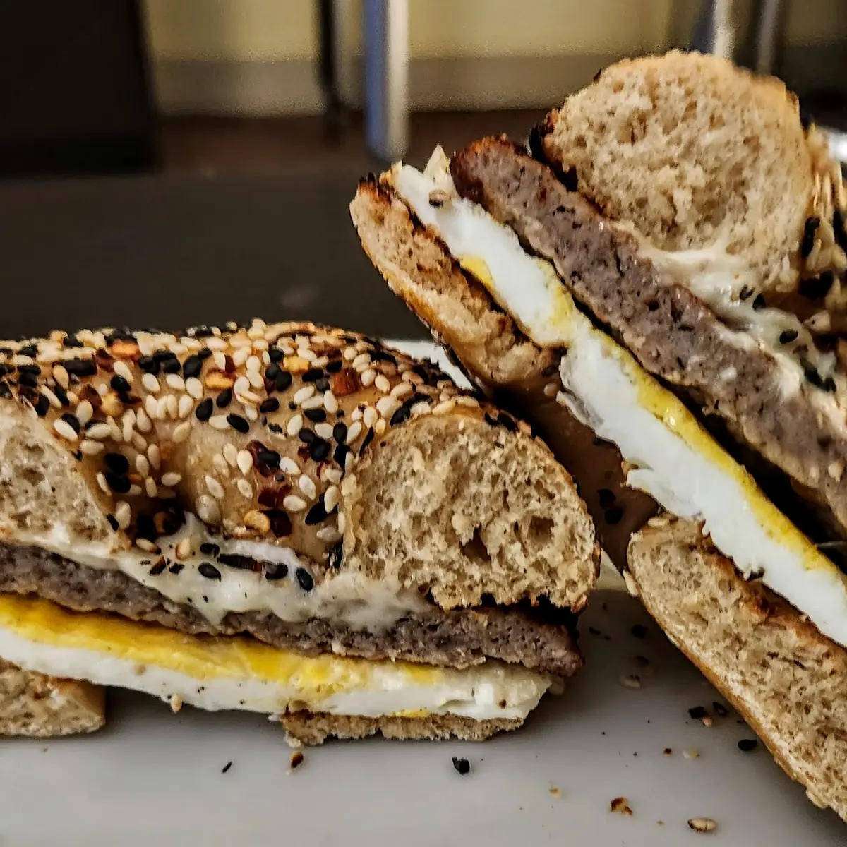 Sausage Egg and Cheese on Spicy Everything Bagel