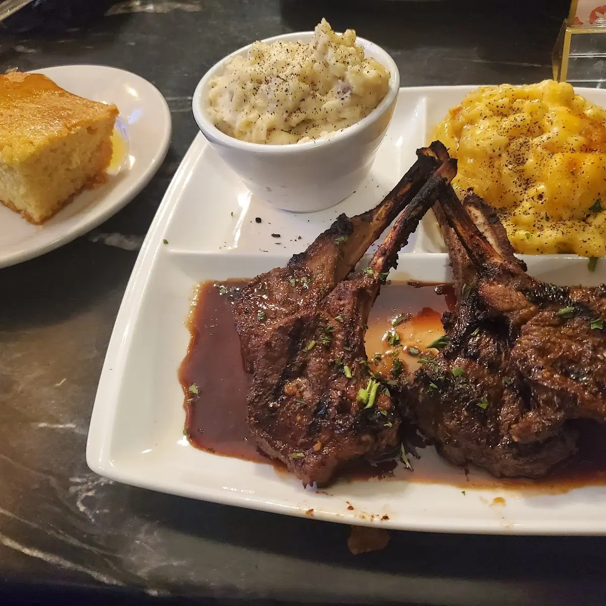Lamb Chops Garlic Mashed Potatoes with Mac and Cheese