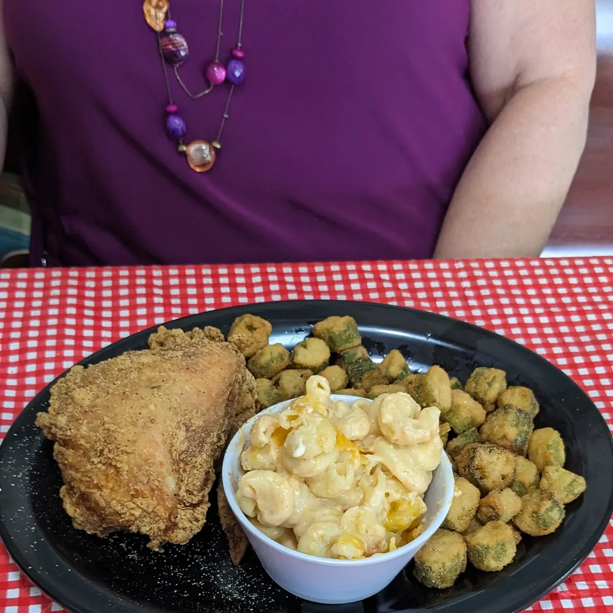 Fried Chicken Fried Okra and Mac N Cheese