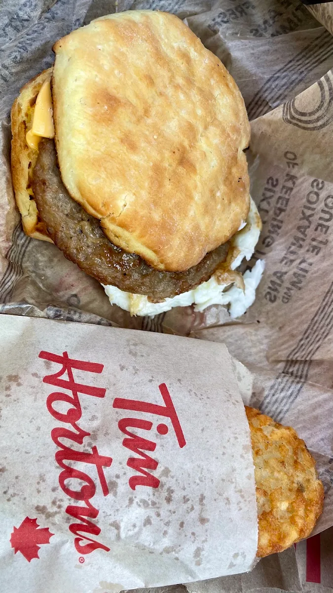 Biscuit Breakfast Sandwich and Hashbrown, Tim Hortons