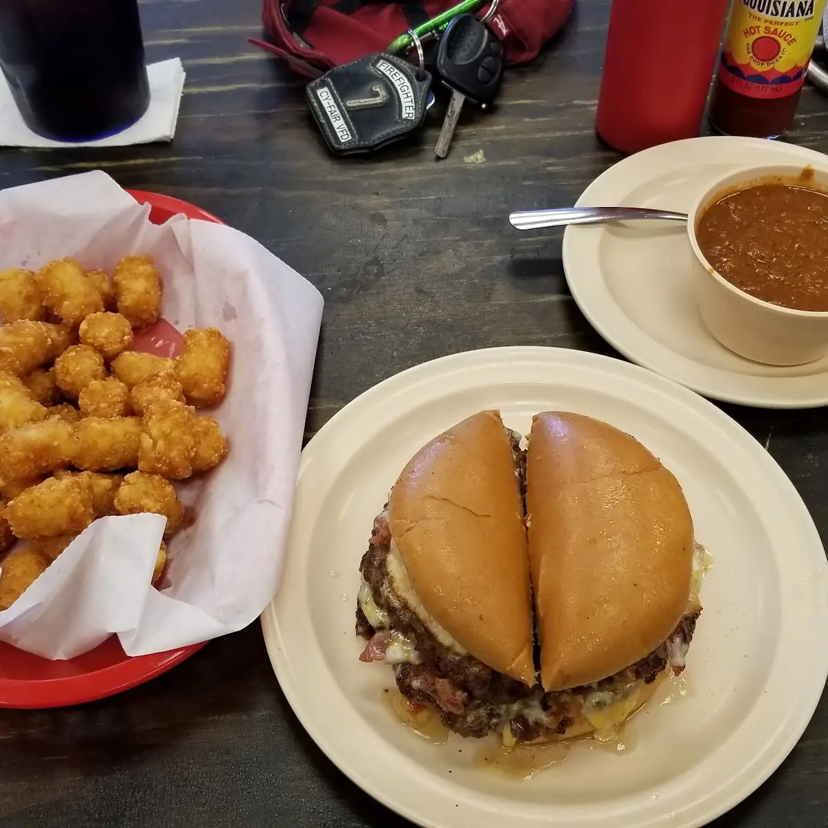 Double Jumbo Bacon Cheeseburger Full Order of Tots Small Bowl of Chili