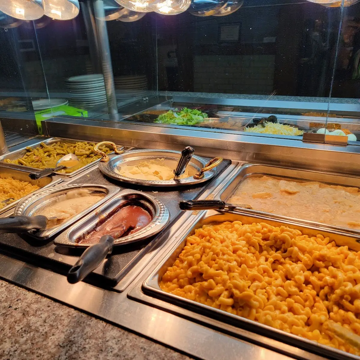 Green Beans Corn Mashed Potatoes Brown and White Gravy Mac and Cheese