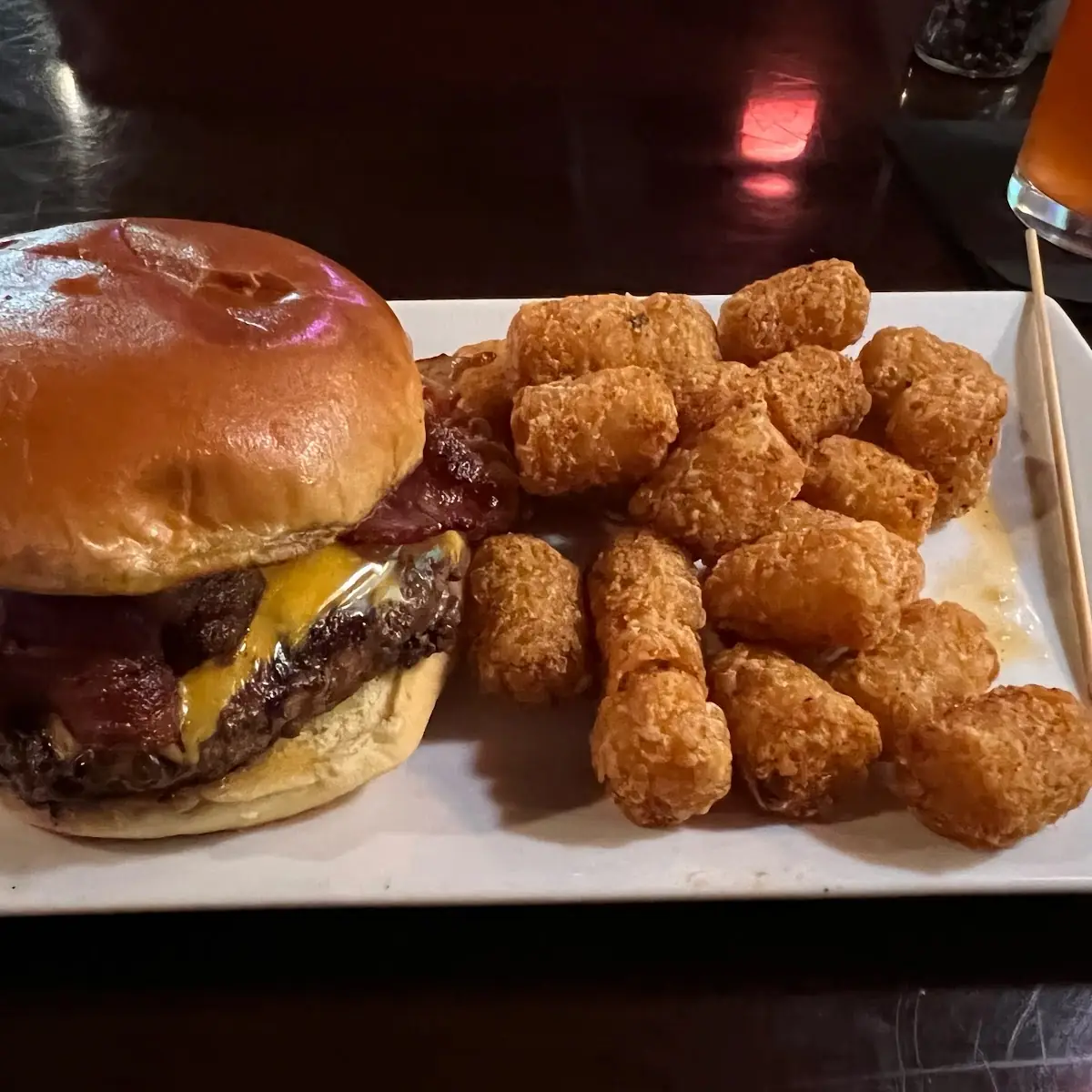 Bacon Cheese Burger and Tater Tots