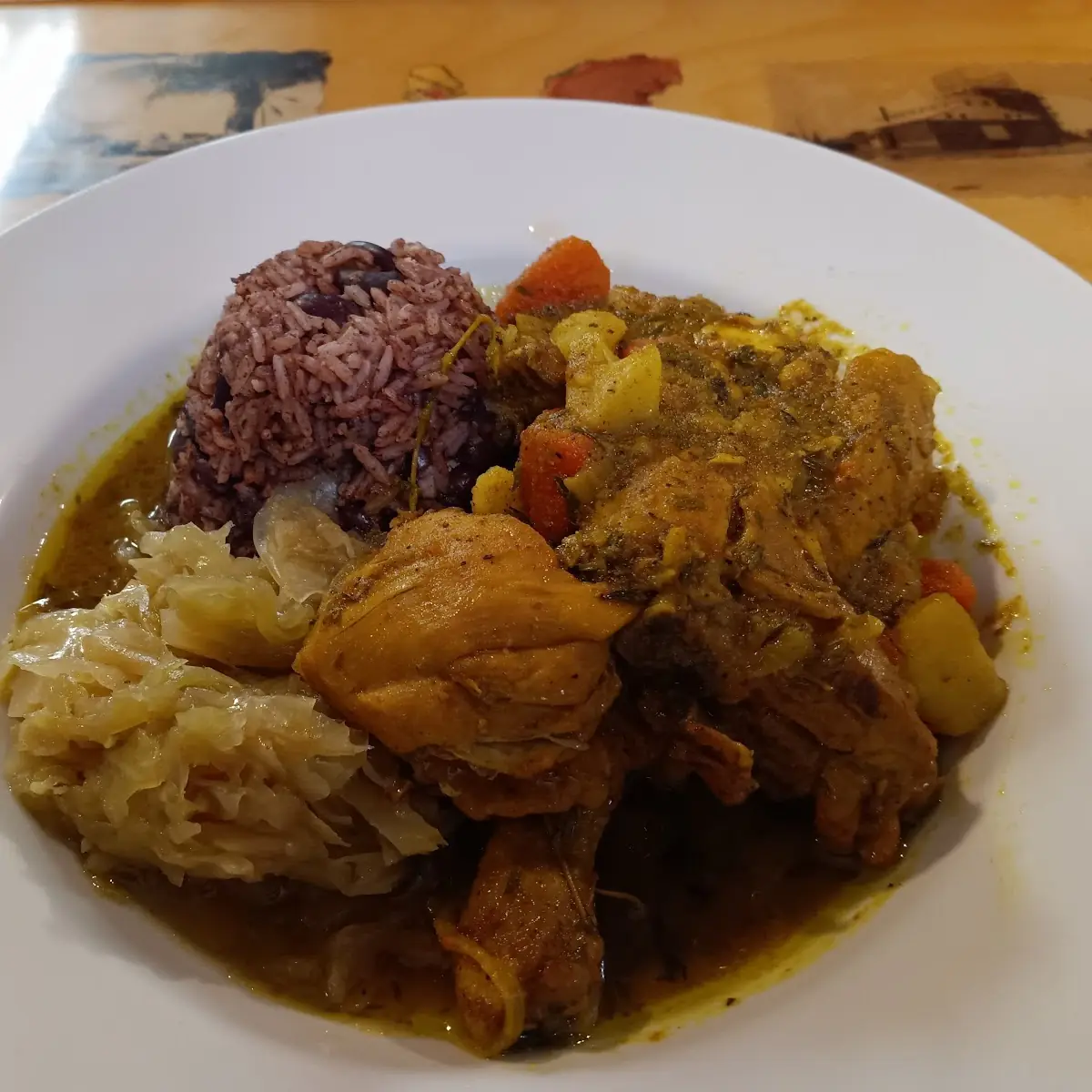 Curry Chicken with Rice and Peas and Cabbage