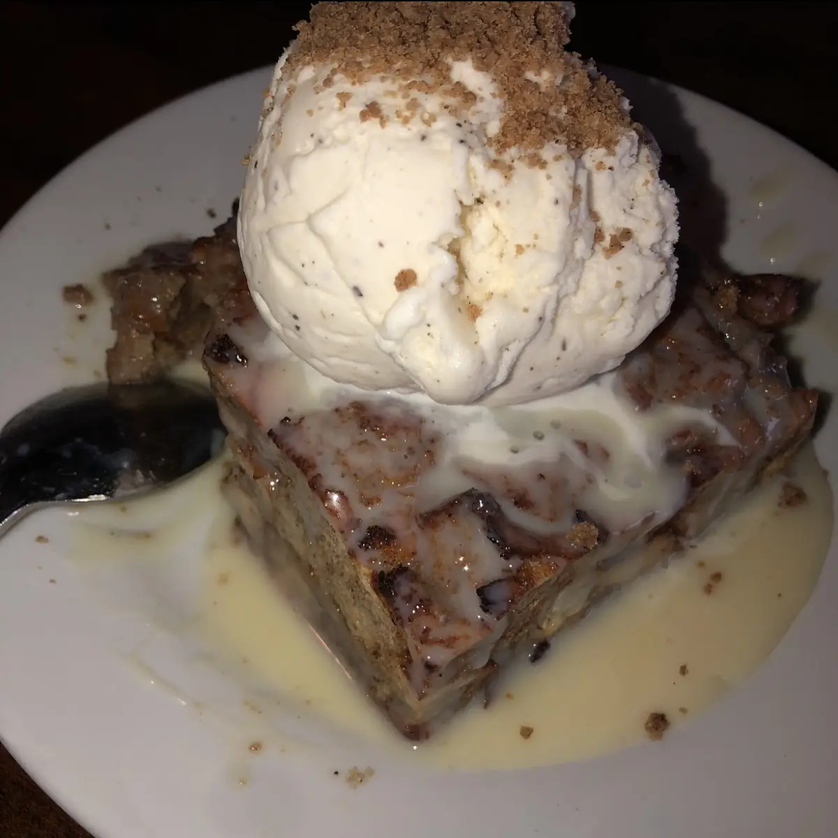 Bread Pudding with Ice Cream- Cinnamon Crumble on Top
