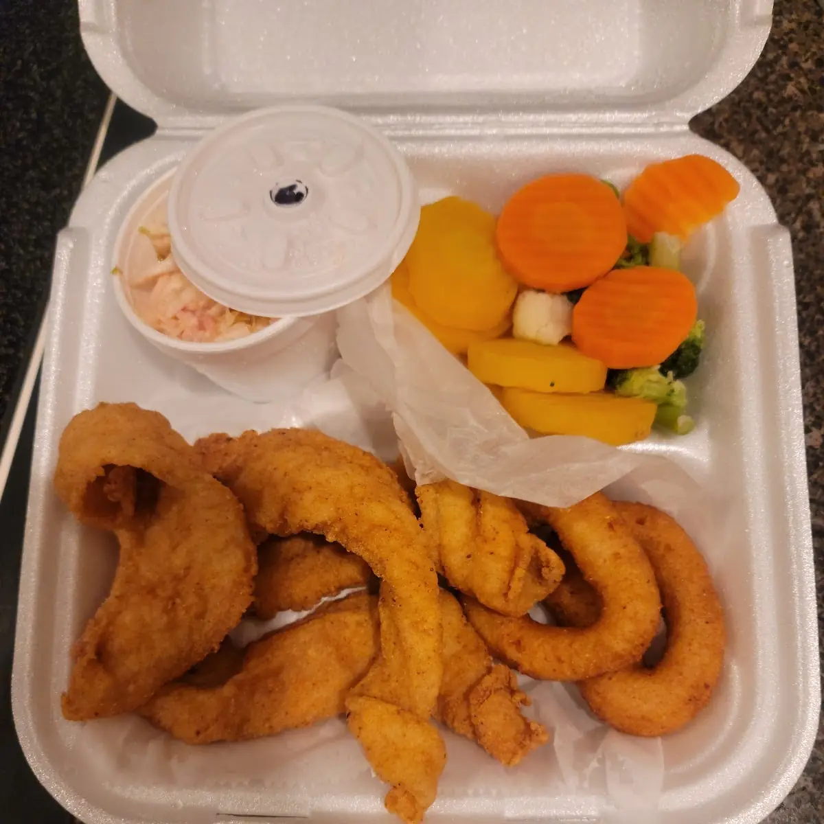 Basa Mixed Vegetables Spicey Cole Slaw & Hush Puppies