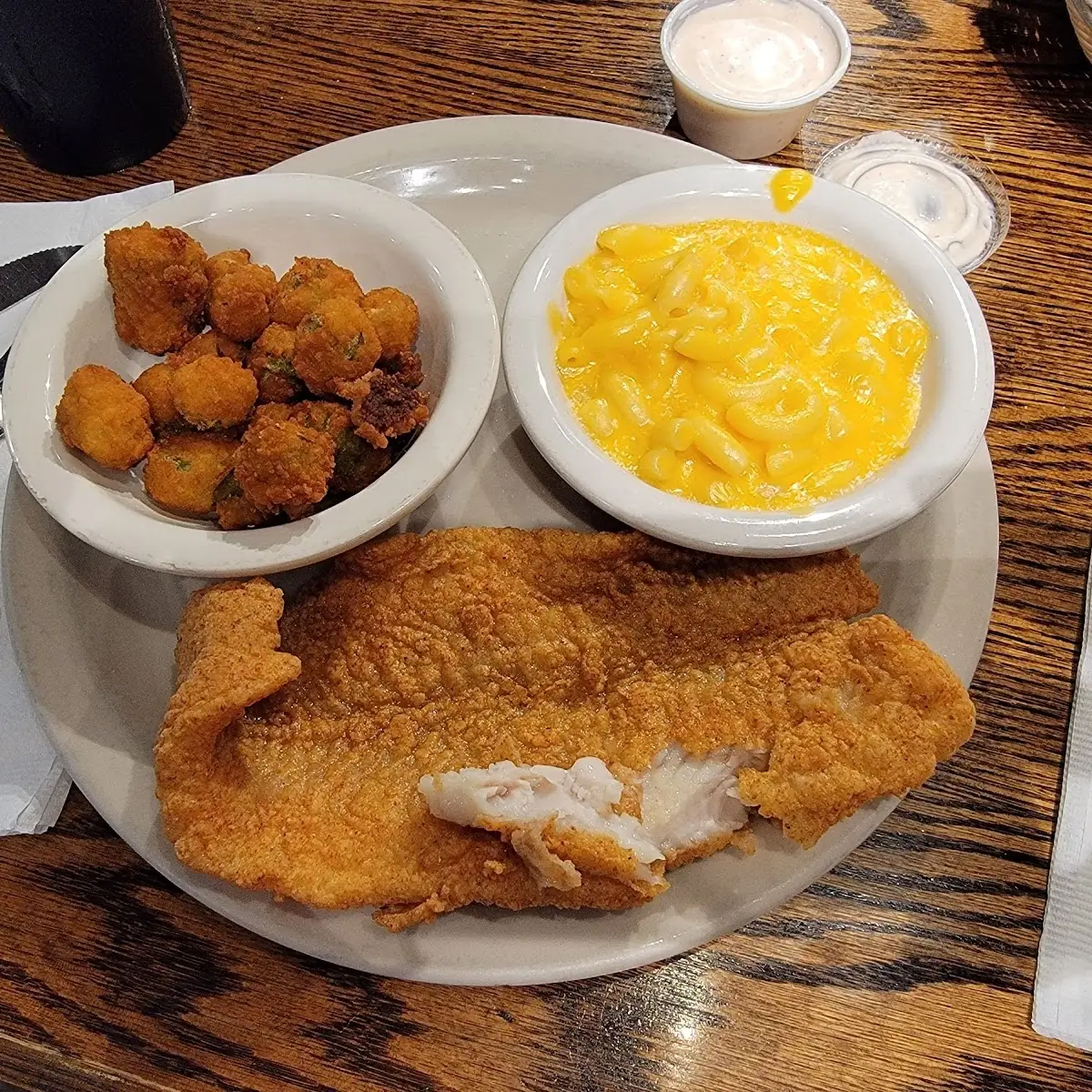 Frief Catfish with Okra and Mac N Cheese