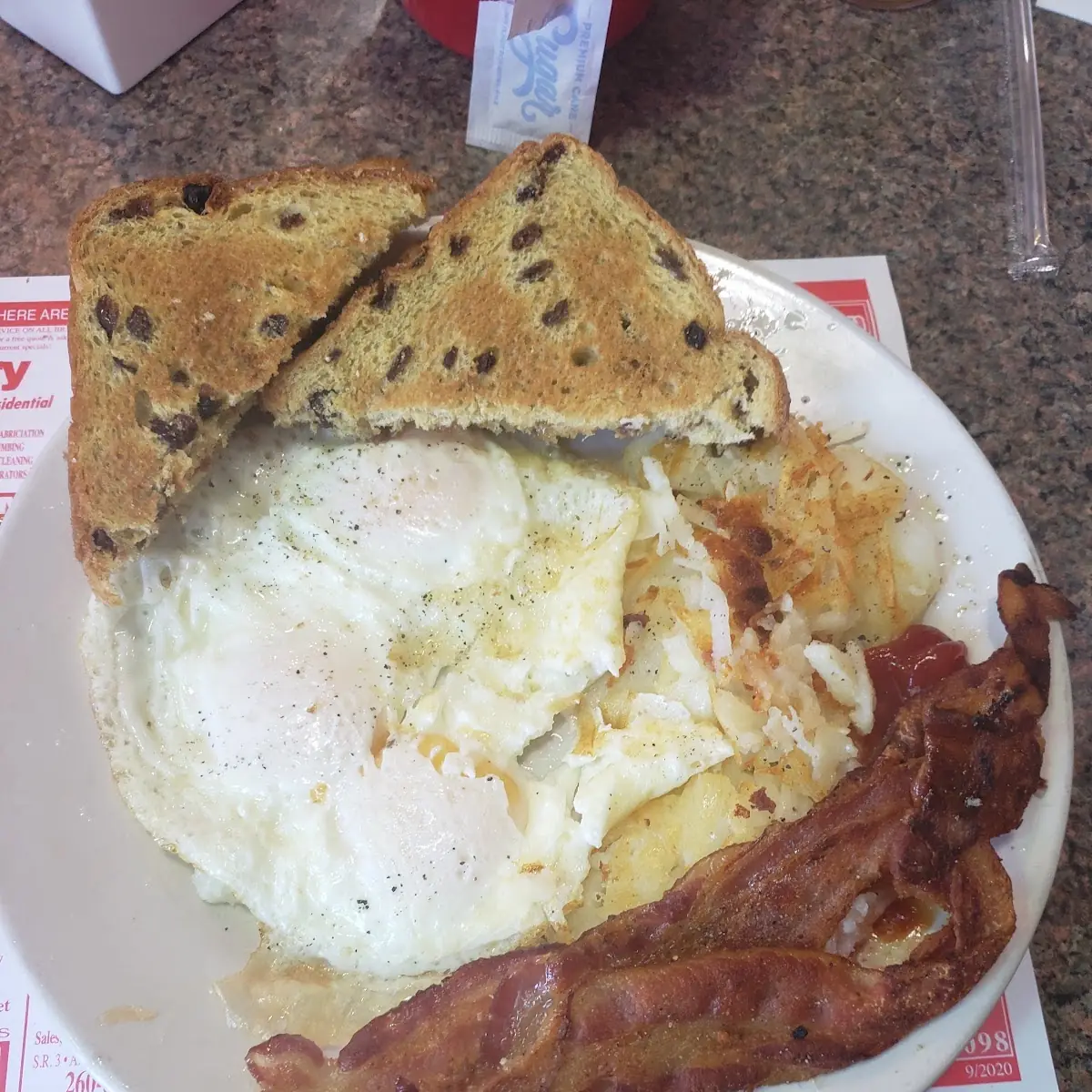 3 over Medium Hash Browns Bacon w Rasien Toast