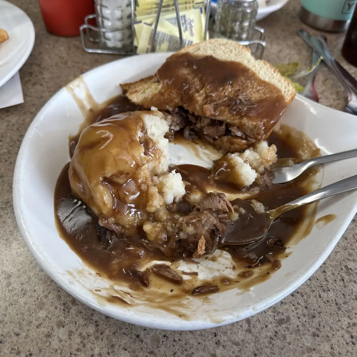 Hot Roast Sandwich with Mashed Potatoes and Gravy