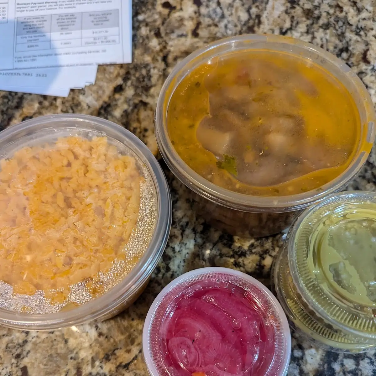 Sides Rice Beans Sauces and Pickled Onions