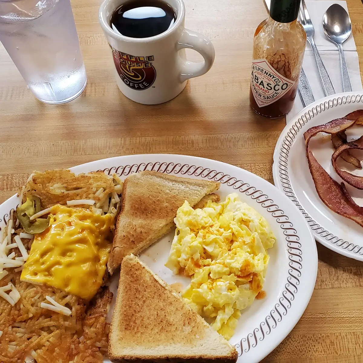 Eggs Toast Bacon Hashbrowns Scatter Smothered Covered and Peppered