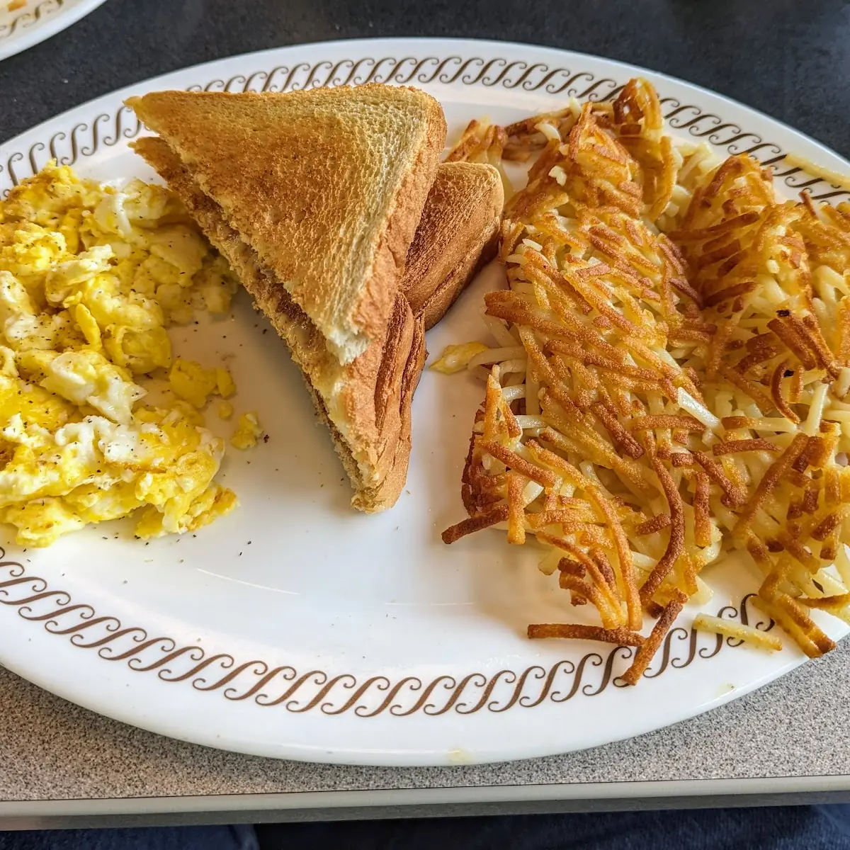Scrambled Eggs and Toast and Hash Browns