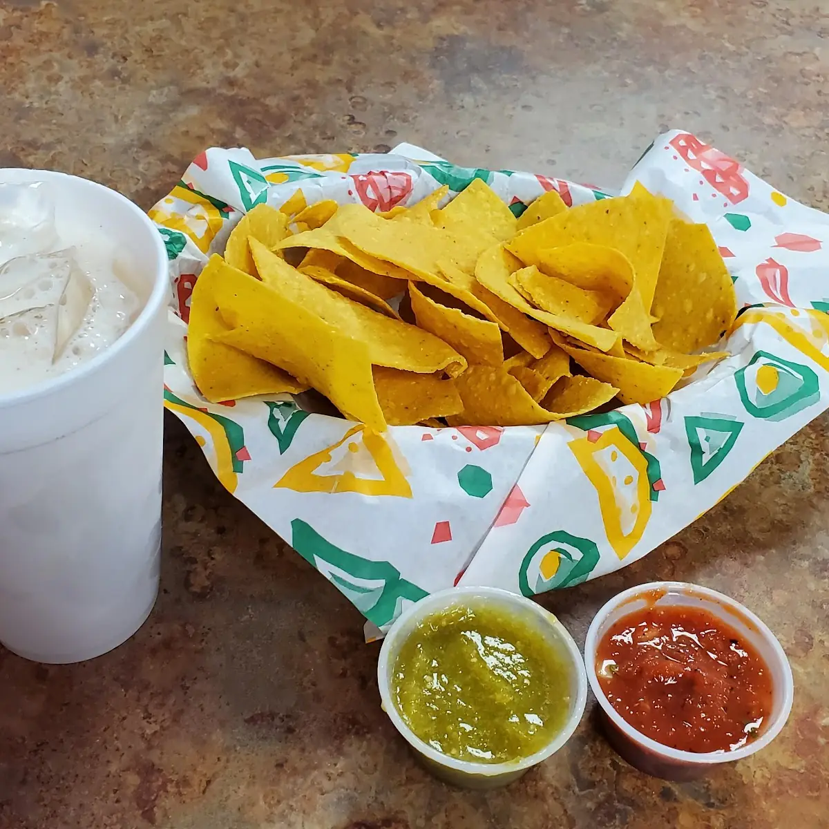 Chips Salsa Verde Salsa and Horchata