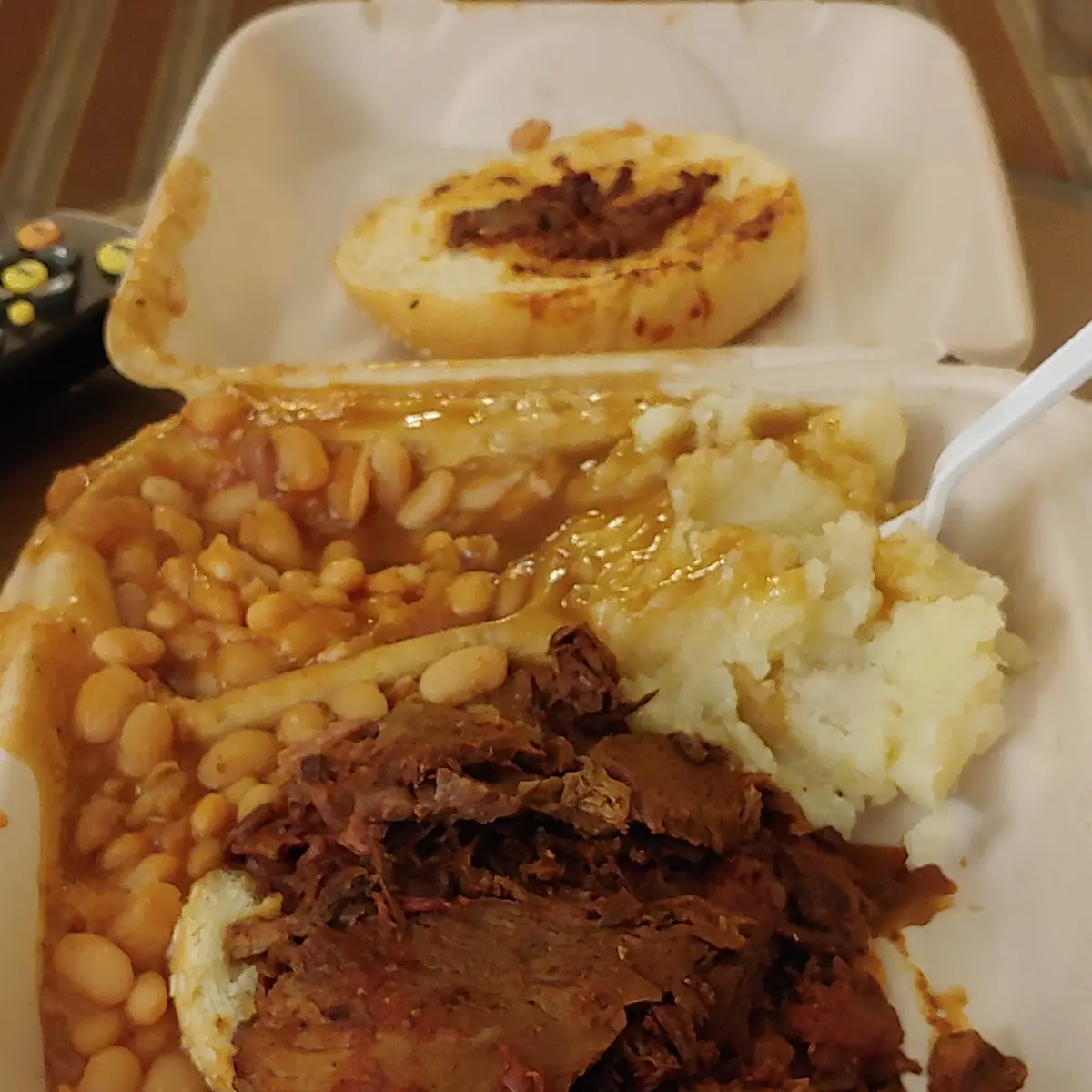 Pulled Pork Sandwich with Mashed Potatoes and Pork and Beans