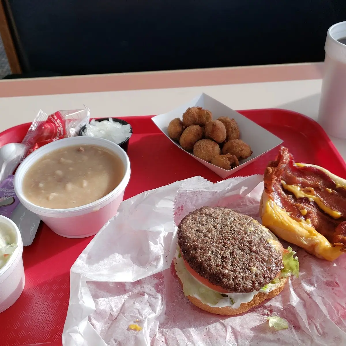 Fried Mushrooms Navy Beans&Ham Bacon Cheeseburger