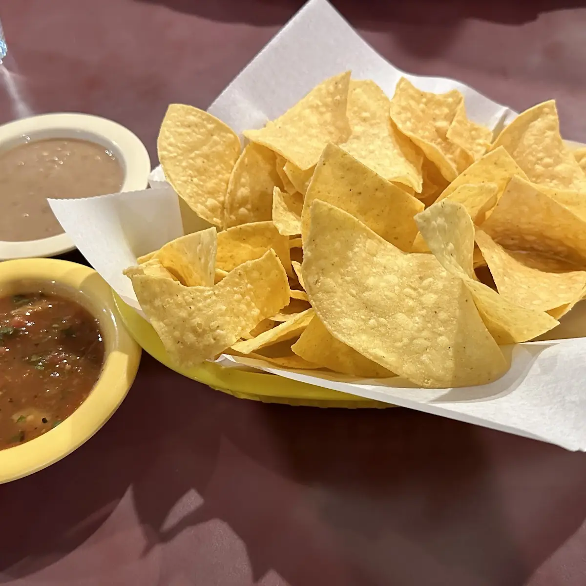 Chips Salsa and Refried Bean Dip