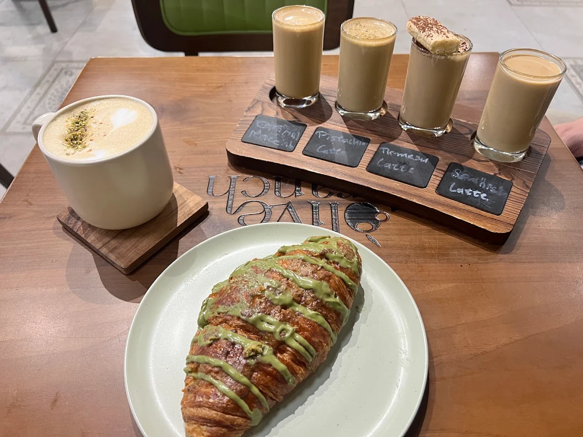 Pistachio Latte and Croissant, Olive Branch Cafe