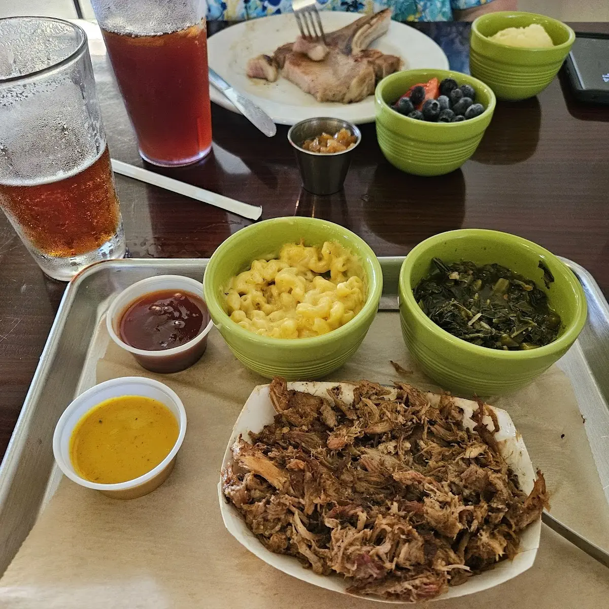 Pork Platter with Mac & Cheese and Collard Greens